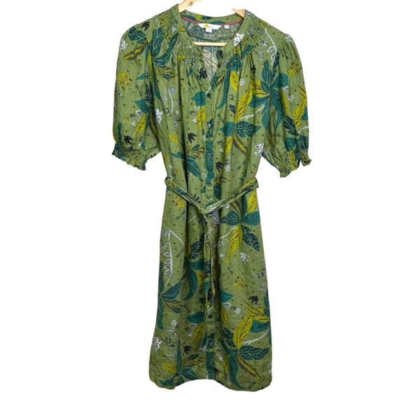 Boden Size US 12L Green Print 100% Linen Ada Midi Belted Shirt Dress Pockets - Picture 2 of 11